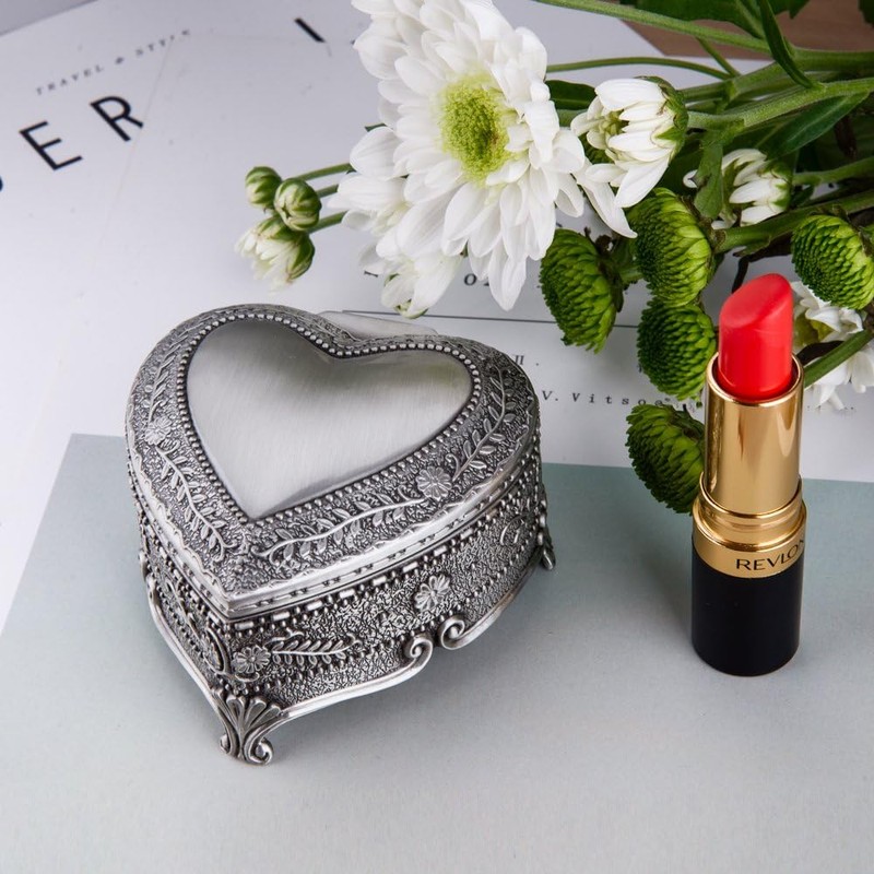 Feyarl Vintage Jewelry Box Heart Shape Engraved Trinket Box Ring