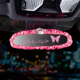 Dotesy 3 PCS Bling Bling Rearview Mirror Cover, Elastic PU Leather Auto Rear View Mirror Protector with Butterfly Car Interior Accessories Universal Fit Women Car Decors (Pink)