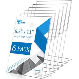 EHWINE 6 Pack 8.5 x 11 Acrylic Sign Holder, Clear Plastic Signs Display Stand, Vertical Slanted Back Paper Holder Stand up Table Top Sign Holders Flyer Stand Frames Suitable for Office Business Store