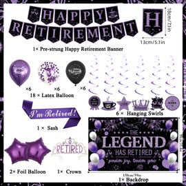 Roetyce Retirement Party Decorations Women, Black and Purple Happy Retirement Banner Backdrop Balloons Hanging Swirls for Coworker, Lengend Has Retired Sash & Crown, Office Retired Background