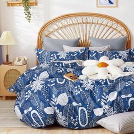 LEMIROE Boho Cotton Comforter King Size - Navy Comforter with White Bohemian Botanical Prints,Grey Reversible Lightweight Bedding Sets 3Pcs(Stripes)
