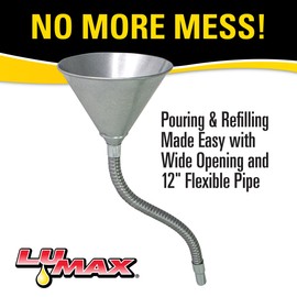 Lumax LX-1704 Heavy Duty Galvanized Steel Funnel with 12" Flexible Metal Spout & Fine Mesh Strainer; 6" Diameter, 1.5 Qt Capacity, All-Purpose Oil, Transmission Fluid & Automotive Funnel