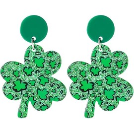 St. Patrick's Day Earrings Funny Acrylic Irish Shamrock Clover Dangle Good Luck Festival Gifts Charm, Green Glitter Design, 1.37 inch Length, Lightweight 0.28 oz (Green)