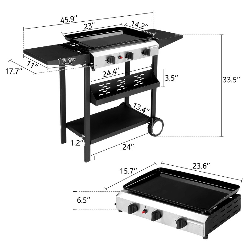 34" Outdoor Griddle Station with Side Shelf, 3 Burner Flat