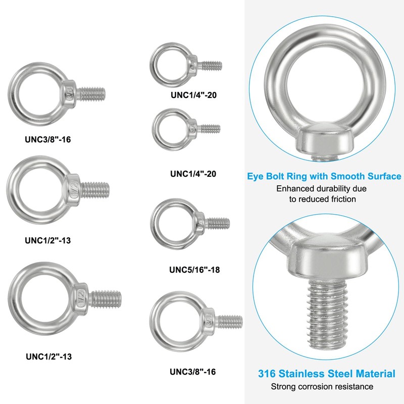 PATIKIL Lifting Eye Bolts UNC3/8"-16 4pcs 316 Stainless Steel Marine