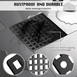 2 Pcs Square Shower Drain Cover 4" Matte Black- Anti-Clog Bathroom Drain Cover with Non-Slip Surface, Universal Fit for Shower, Kitchen, Outdoor Use