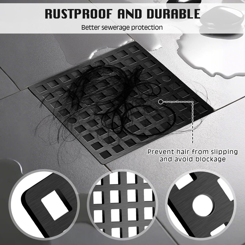 2 Pcs Square Shower Drain Cover 4" Matte Black- Anti-Clog