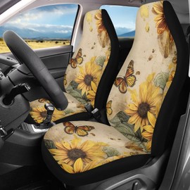 Finagallathe Vintage Sunflower Car Seat Covers Front Seat Butterfly,Washable and Breathable Cloth Seat Covers for Cars Universal Fit for Most Car Interior Covers-Sedan Truck SUV