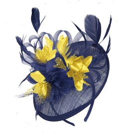 Caprilite Navy Blue and Gold Sinamay Disc Saucer Fascinator Hat for Women Weddings Headband