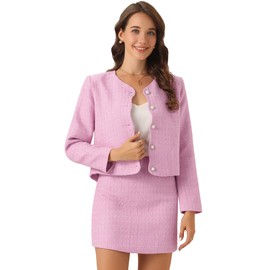 Allegra K Tweed Blazer Set for Women's Mothers Day Costumes Elegant Work 2 Piece Blazer Skirt Suit Pink S