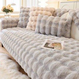 Thick Rabbit Plush Sofa Covers 3/2/1/4 Seater, Non-Slip Sofa Slipcovers For Corner L Shape, Funny Fuzzy Sofa Cover, Warm Velvet Sofa Cushion Covers, Washable Furniture Protector,Grey,70x120cm