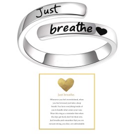 Angyape Just Breathe Ring For Women, Adjustable Inspirational Heart Rings Stainless Steel Spiral Wrap Twist Healing Rings To Sorority Sisters Open Motivational Encouragement Love Yourself Jewelry,