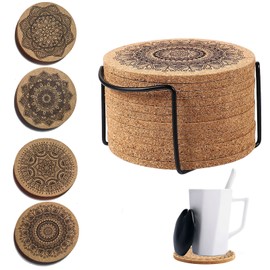Spldsun Pack of 12 Cork Coasters, Absorbent Cup Coasters, Wooden Mandala Eco-Friendly Saucers, Round Hot Pot Holder Pads with Rack, for Coffee, Home, Bar, Kitchen, Restaurant