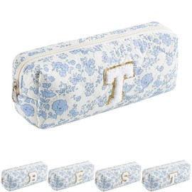 JOVAKIT Small Alphabet Makeup Bag Cosmetic Bag for Women, Christmas Gifts for Girls, Floral Flowers Coquette Travel Toiletry Bag, Zipper Make Up Pouch Organizer Bag Trendy Stuff (Blue Floral T)