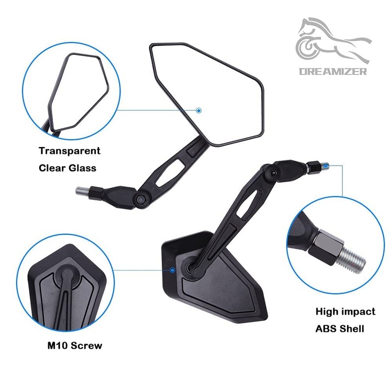 DREAMIZER Balck 8mm 10mm Motorcycle Rear View Mirrors for Handlebars
