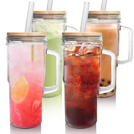 ANOTION 24oz Glass Cups with Lids and Straws with Handle  -Tumbler Coffee Cups Mason Jar Cups Drinking Set Coffee Bar Accessories:_set of 4 (no logo)