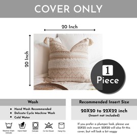 BlissBlush Decorative Throw Pillow Cover 20x20 Square Cream Neutral White Boho Accent Pillowcase Tassels Farmhouse Cushion for Couch Sofa Bedroom Living Room Home Décor (Cover ONLY, Pack of 1)