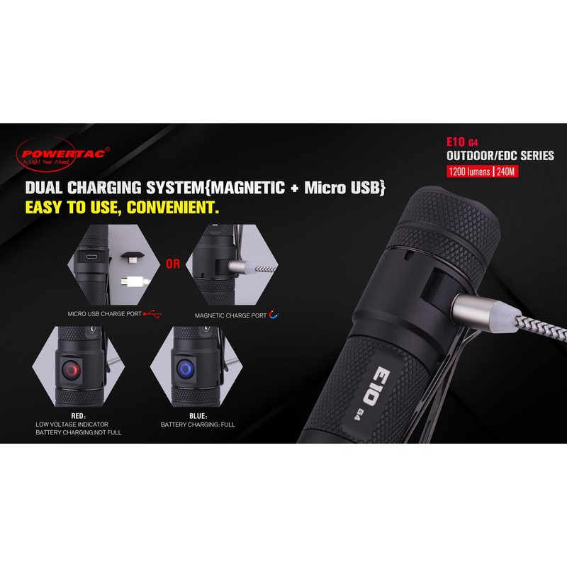 PowerTac E10R-G4: E10-G4 Magnetic Charging EDC- Magnetic Tailcap, Black