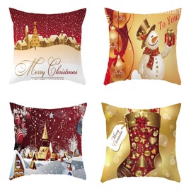 4 Pcs Christmas Cushion Covers Set Red Cotton Christmas Pillow Cases Snowman Elk Print Xmas Decorative Sofa Cushion Covers Christmas Square Pillow Covers Washable45x45cm (Gold)