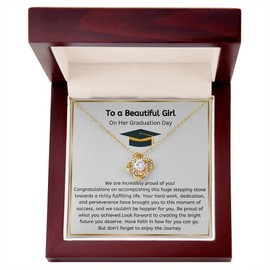 Graduation Gift For Her, 2025 Grad Love Knot/Alluring Necklace, College Graduation, High school graduate, graduation keepsake (18k yellowGold/Mahogany Box, Love Knot Pendant)