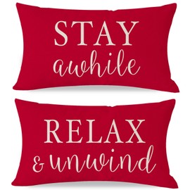 PANDICORN Decorative Throw Pillow Covers 12x20 Inch Set of 2 Stay Awhile Relax & Unwind Red Outdoor Farmhouse Porch Patio Decorations Cozy Lumbar Cushion Cases for Home Living Room Sofa Couch Decor