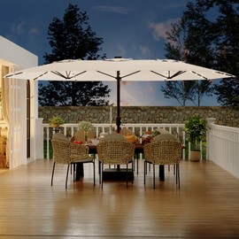 15FT Rectangular Patio Umbrella with Solar Lights & Base Included - Large Patio Umbrella with Crank Handle, UV Protection for Outdoor Market, Backyard, Pool - Beige