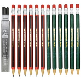 Maydahui 12 PCS Mechanical Pencil with Sharpener Novelty Non Sharpening Automatic Pencil with 12 PCS 2B Lead Refills 2.0 mm Classic Red Green Pole Plastic Simulation Timber for School Writing