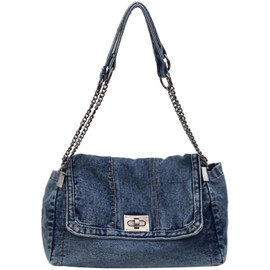 Farcauo Denim Shoulder Purses for Women Jean Crossbody Bags Large Capacity Shoulder Bag Blue Retro Tote Bags Denim Flap Handbag with Chain Strap Women's Satchel Bag Y2k Washed Denim Purse