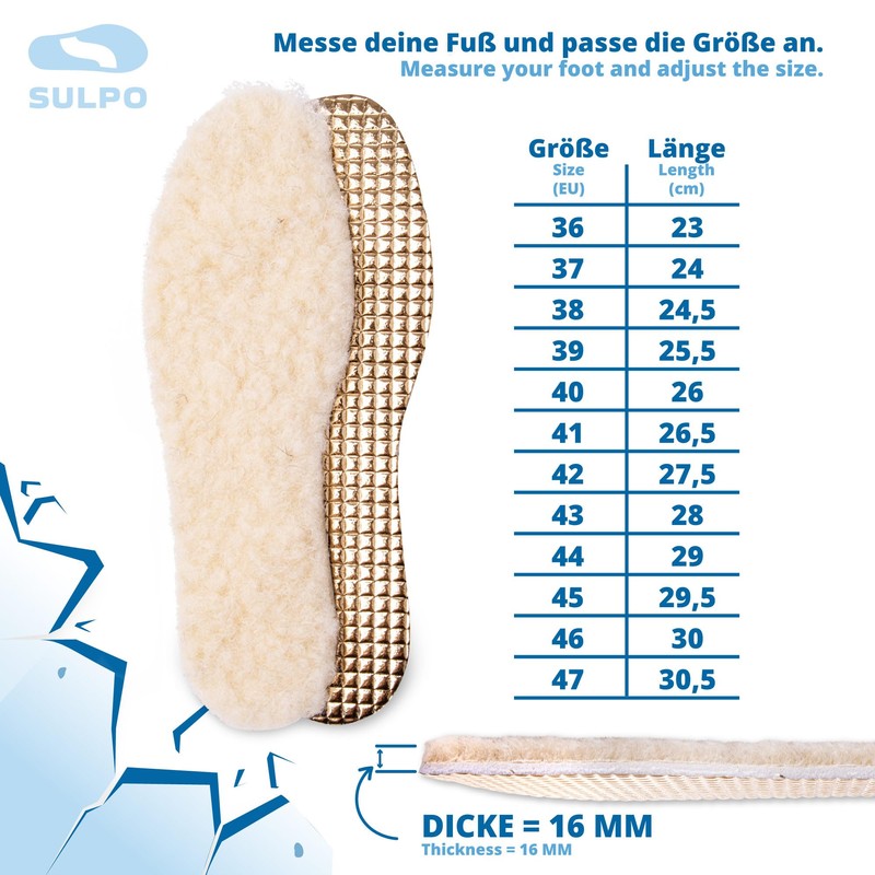 SULPO 2 Pairs Winter Insoles - Soft Warm Sheep's Wool