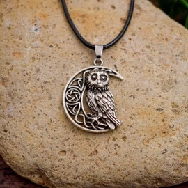HAQUIL Owl Necklace, Owl Goddess on Crescent Moon Charm Pendant, Faux Leather Cord (AD)