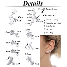Tornito 18Pcs Cartilage CZ Stud Earrings Conch Forward Helix Tragus Daith Piercing Lip Rings Snake Heart Jewelry for Women Men 16G Silver Tone