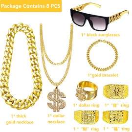Pack of 8 Costume Gold Chain Fancy Dress, Hip Hop Rapper Costume, 80s/90s Outfit, Men's Dollar Chain/Large Golden Chain/Dollar Ring/Golden Bracelet for Carnival Fancy Dress Theme Party, Metal