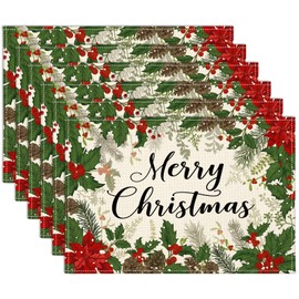 OTOSTAR Christmas Placemats Set of 6, 12x18 Inch Christmas Poinsettias Leaves Place Mats Seasonal Winter Xmas Holiday Home Party Kitchen Dining Table Mats