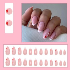 White French Tip Press on Nails Almond Fake Nails Medium False Nails with Pink Red Heart Design Glue on Nails Full Cover Stick on Nails Reusable Acrylic Nails for Women Manicure 24Pcs