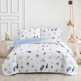 Joyreap 3-Piece Cotton Quilt Set Full/Queen, Vibrant Ocean Theme Starfish Whale Crab Printed on White, Smooth Soft Quilt Bedspread Bed Cover for All Season, 1 Quilt and 2 Pillow Shams- 90x90 inches