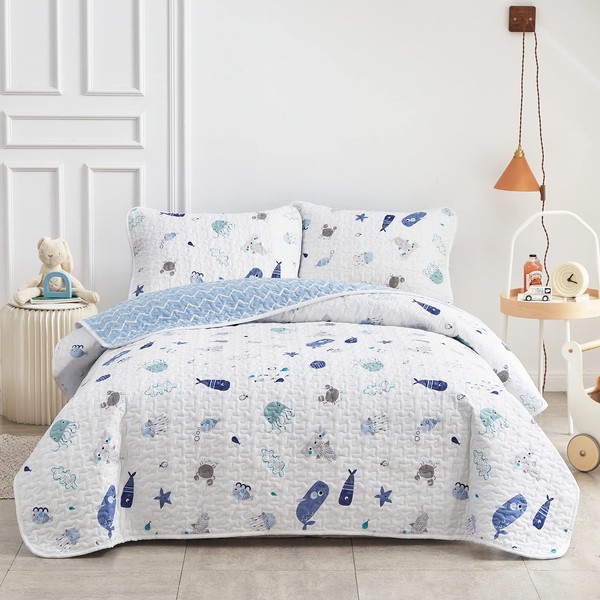 Joyreap 3-Piece Cotton Quilt Set Full/Queen, Vibrant Ocean Theme Starfish