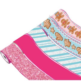 Whaline 5 Rolls Christmas Wired Edge Ribbon Gingerbread Stripe Craft Ribbons Pink Blue Silver Glitter Xmas Fabric Ribbon for Wreath Bow DIY Wrapping Party Decor, 2.5 in, 30 Yard