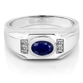 Gem Stone King Men's 925 Sterling Silver Blue Sapphire and White Diamond Ring (1.92 Cttw, Gemstone September Birthstone, Oval 8X6MM, Available In Size 7, 8, 9, 10, 11, 12, 13)