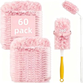 Pack of 60 dusting mop Refills; Disposable, Heavy-Duty dusting mops Compatible with swiffer. Includes 1 Handle and 1 3-Foot Extension Pole; Ideal for Cleaning Furniture and Ceiling Fans (Pink) (Pink)
