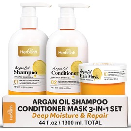Set Herbishh con Shampoo, Acondicionador y Mascarilla de Aceite de Argán Marroquí Hidratación y Limpieza Profunda para Cabello Seco, Dañado y con Frizz Protección UV y para el Color Sin Sulfatos ni Parabenos 500 ml + 500 ml + 300 ml