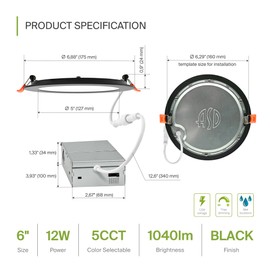 ASD 6P LED Recessed Lighting 6 Inch, 5 CCT 2700K-5000K CRI90+, 12W 100W Eqv, IC Rated Ultra Thin Dimmable Ceiling Lights, Canless Wafer Downlight, Round Slim Panel Light, Energy Star ETL T24 JA8 Black