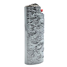 Lucklybestseller Metal Lighter Case Cover Holder Vintage Dragon Engraving for BIC Full Size Lighter J6 (Silver)