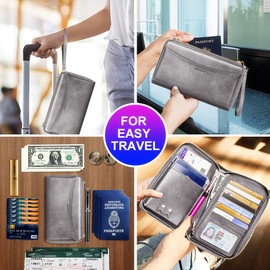 nuoku Passport Holder, RFID Blocking Passport Wallet with Zipper 2 Straps, Travel Document Organizer for Family, Gray, Rfid Wallet