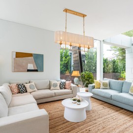 ELYCCUPA 42” Brass Metal Linear Chandelier 4-Lights Adjustable Modern Industrial Pendant Light for Kitchen Island Dining Room Living Room, UL Listed