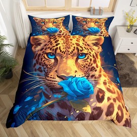 Feelyou Kids Leopard Rose Bedding Set Twin Size, Cheetah Print Comforter Cover Wild Animal Duvet Cover Boys Girls Safari Teens Bedspread Cover Room Decor Soft Quilt Cover 2Pcs (No Comforter)