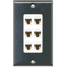 RiteAV Decorative 1 Gang 6 Port Cat6 Wall Plate - Stainless/White