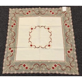 Grantlinen Beige Embroidered Red Ruby Burgundy Rhinestone Embroidery Tablecloth 33" Square