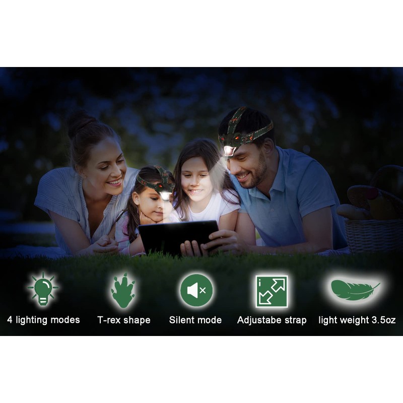 lelefa Dinosaur Kids Headlamp, T-Rex Dinosaur Led Headlamp Flashlight, Dinosaur