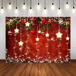 Red Christmas Theme Sparkling Photography Backdrops Snowflake Xmas Ball 5x3ft Happy New Year Family Party Decoration Photo Star Background Kids Newborn Portrait Photo Booth Studio Props Banner