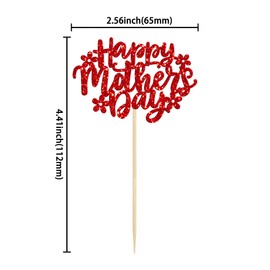 24 piezas de decoración para magdalenas del día de la madre feliz para magdalenas del día de la madre, flores con purpurina, decoración para tartas de fiesta de cumpleaños de la madre, color rojo